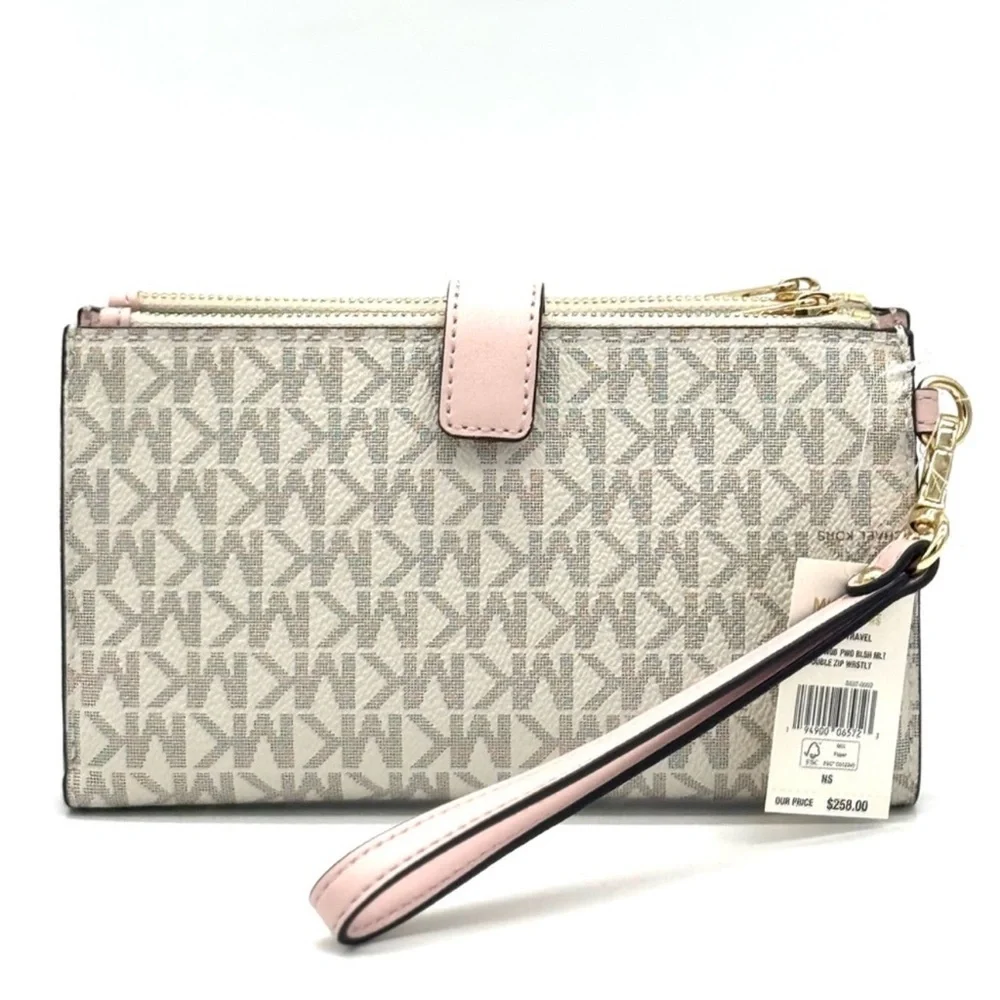 Michael Kors Large Double Zip Wallet Wristlet Powder Blush Multi - Picture 5 of 9